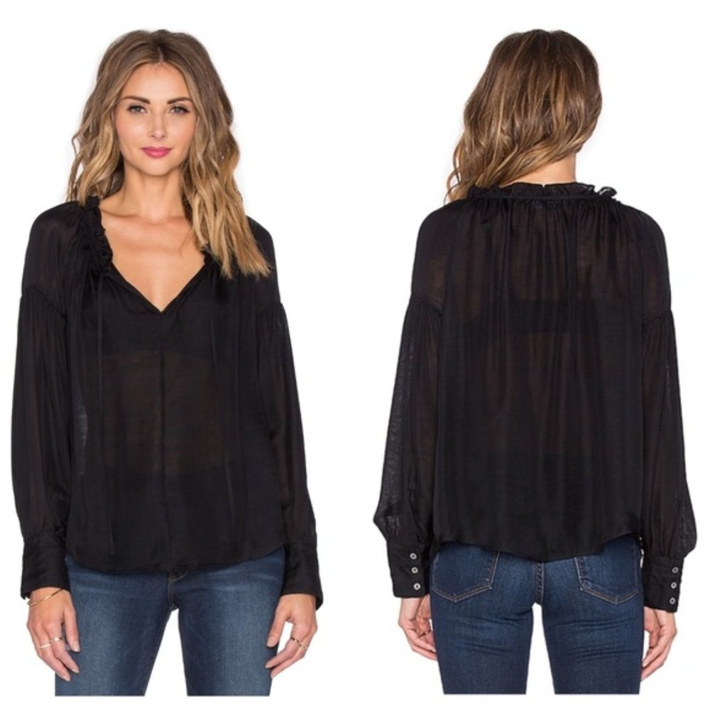 FRAME Denim Black Silk Le Ruffle Blouse